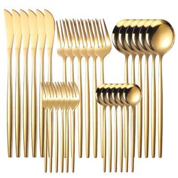 30pcs Gold Dinnerware Set Stainless Steel Steak Knife Fork Coffee Spoon Teaspoon Flatware Dishwasher Safe Kitchen tableware Set 211108