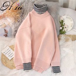 H.SA Women Pullover Sweaters Turtleneck Jumpers Red Beige Knitted Casual Pullovers Soft Warm Striped Korean Pull Tops 210716