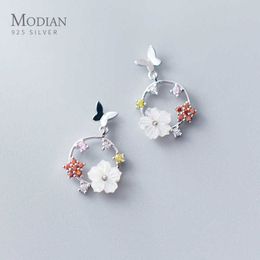 Fashion Butterfly Round Enamel Flower Drop Earrings Charm 925 Sterling Silver Luxury Dangle Ear For Women Wedding Jewellery 210707