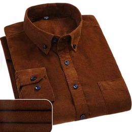 Plus Size 6xl Autumn/winter Warm Quality 100%cotton Corduroy long sleeved button collar smart casual shirts for men comfortable 210714