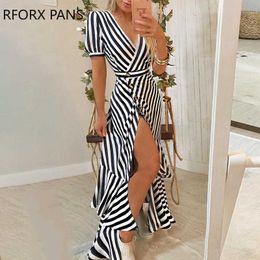 Striped Slit Irregular Ruffles Hem DrWomen Casual Dress X0529