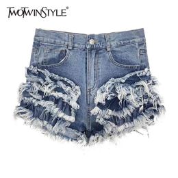 TWOTWINSTYLE Patchwork Tassel Denim Shorts For Women High Waist Casual Sexy Female Fashionable Clothing Style 210719