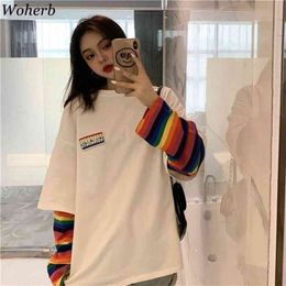 Rainbow Striped Fake Two Pieces T Shirt Women Casual Loose Harajuku BF Tops Female Korean Fashion Streetwear 91296 210519