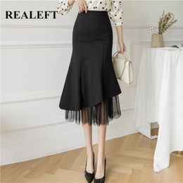 Spring Summer Black Midi Skirts Elegant Work Wear High Waist Mesh Patchwork Sheath Wrap Pencil Skirt Female 210428