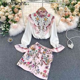 Fashioin Women Two Pieces Set Flower Ruffles Long Sleeve Shirt Elegant High Waist Skirt 2 Spring 210601