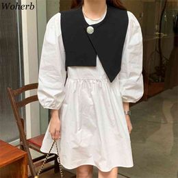 Korean Chic Two Pieces Set Casual Vest + Puff Sleeve Shirt Dress Summer Fashion Clothes Girls All Match Vestidos 210519