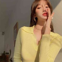 White Lapel Knit Low Waist Jersey Women's Autumn Tight Slim Slimming Long Sleeve Pullover Short Top 210529
