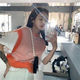 AOWDTMZ Pink Orange Knitted Contrasting Colour Vest Women's Sweet Sleeveless Spring Korean Round Neck Loose Thin Style 211220