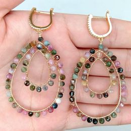 YYGEM Natural 4MM Round Multi Color Tourmaline Cz pave Lever back Earrings handmade for women