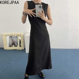 Korejpaa Women Dress Summer Korean Chic Sexy Temperament Round Neck Drawstring Back Hollow Backless Sleeveless Vestidos 210526