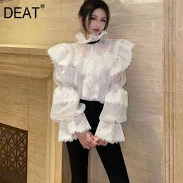 Women White Lace Chiffon Patchwork Blouse Turtleneck Long Sleeve Ruffles Shirt Fashion Two Pieces 7D00719 210421