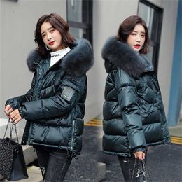 Big Fur Collar Down Jacket Women Winter overcoat Bright down jacket for women Coat Puffer Hooded 211216
