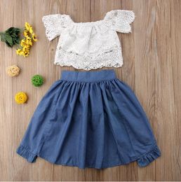 Set Kids Baby Girl Lace Off-shoulder Solid Colour T-shirt Tops+Short Pants+Skirt Clothes Outfits Summer