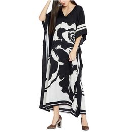 2021 Plus size Cover-ups Bohemian Black Print V-neck Long Dress Tunic Women Sarong Beach Kaftan Swimsuit Cover Up 210319