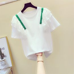 Summer Women's O Neck Lace Ruffles Short Sleeves T-Shirt Tee Girls Pullover Casual Tops Tees A2628 210428