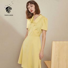 FANSILANEN Yellow v neck print satin dress Women short sleeve sexy cheongsam mini chinese Elegant slim party vintage 210607
