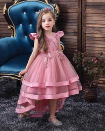 High Low Party Dress Fluffy Tulle Embroidery Performance Girl for Wedding Show Baby Clothes 3-12Y E5018 210610