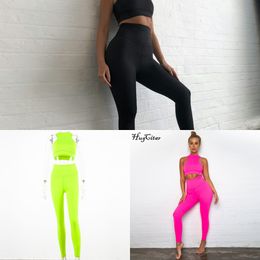 Hugcitar sleeveless camis elastic leggings two 2 pieces neon pink set 2019 summer women fashion stretchy casual set X0428