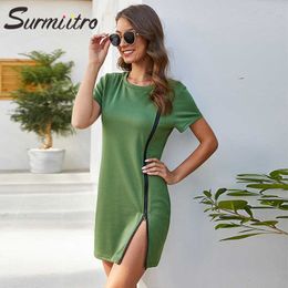 Surmiitro Mini Summer Dress Women With Zipper Short Sleeve Yellow Red Green Tunic Party Bodycon Zipper Sundress Female 210712