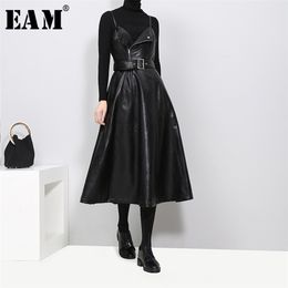 [EAM] New Spring Autumn Solid Colour Strapless Black PU Leather High Waist Belt Zipper Loose Dress Women Fashion Tide JD032 210323