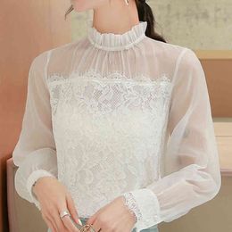 Blusas Mujer De Moda Womens Tops And Blouses Beading Ruffled Collar Blouse Women Long Sleeve Lace Blouse Shirt Clothes C559 210426
