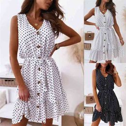 Casual Single-Breasted Ruffle Stitching Dress With Belt Summer Sleeveless V-Neck Polka Dot Print Women's Clothing 210517