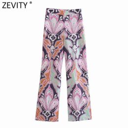 Zevity Women Vintage Totem Floral Print Casual Slim Straight Pants Retro Female Chic Side Zipper Summer Long Trousers P1115 211124