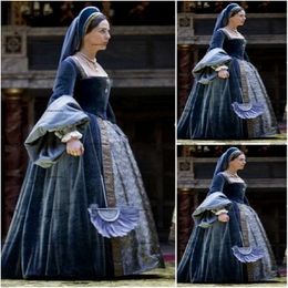 Navy Blue Victorian Gothic Evening Formal Dresses Civil War Southern Velvet Lace Long Sleeve Square Halloween nun Prom Gowns