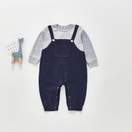 spring boy romper climbing suit casual fake two-piece striped overalls cloth baby outfit 210702