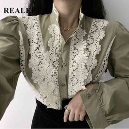 Vintage Lace Patchwork Women Blouse Spring Summer Stand Collar Single Breasted Long Sleeve Female Shirts Tops 210428