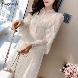 Spring Summer Mesh Lace Sequin Dress Women Elegant Fashion Long Sleeve Party Woman es Casual Midi Vestidos 13385 210512