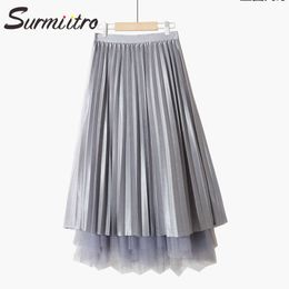 SURMIITRO Summer Reversible Long Pleated Tulle Skirt Women Korean Style Mesh High Waist Aesthetic Midi Skirt Female 210712