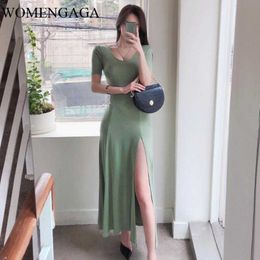 WOMENGAGA Summer Autumn Elegant Waist Split V-neck Short-sleeved Long Dress Korean Hip-covered A-line Dresses U5VS 210603
