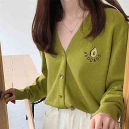 Korobov Korean Chic V Neck Long Sleeve Women Sweaters Vintage Sweet Fruits Embroidery Knitwear Top Autumn New Button Cardigans 210430