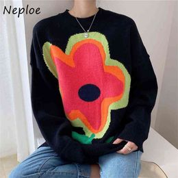 Chic Panelled Flower Pattern Knitted Sweaters Autumn Vintage O-neck Pullovers Korean Loose Casual All-match Warm Coat 210422