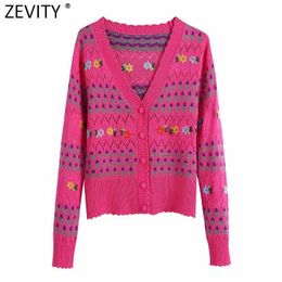 Zevity Women Fashion V Neck Floral Embroidery Hollow Out Crochet Knitted Sweater Female Chic Long Sleeve Cardigan Tops SW832 210603