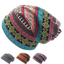 Autumn Winter Dual-use Hat Women Warm Knitted Hat Skullies Beanies Vintage Geometric Design Ladies Scarf Face Mask