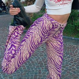 Rapcopter Zebra Printed Pants Y2K Full Length Purple Trousers High Waist Zipper Cargo Pants Animal Women Party Outfits Clubwear X0629