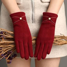 Five Fingers Gloves Winter Plus Velvet Full Finger Touch Screen Driving Women's Solid Colour Bow Pearl Thicken Outdoor Riding Warm Mittens S4