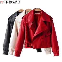 Spring Autumn Leather Jacket Women Faux PU Motorcycle Leather Jacket Coat Biker Red White Coat Turn Down Collar Loose Clothing 211007