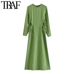Women Chic Fashion With Ties Side Hollow Out Midi Dress Vintage Long Sleeve Back Zipper Female Dresses Vestidos 210507