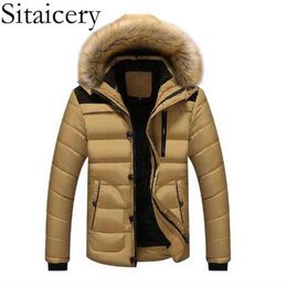 Sitaicery New Winter Man Coat 2021 Khaki Down Jacket Men M-5XL Fur Collar Windproof Zipper Hooded Fashion Warm Jacket Outerwear Y1103
