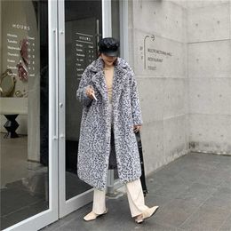 Winter Thick Warm Leopard Long Teddy Fur Coat Women Outerwear High Quality Loose Suit Collar Faux Rabbit Fur Jacket Female 211122