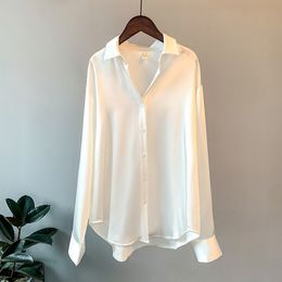 Women's Satin White Shirt Oversize Long Sleeve Button Up Office Blouse Shirt Elegant Black Green Casual Shirts Women Summer 2021 210317