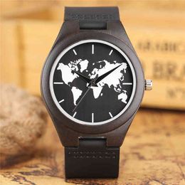 Top Gifts Luxury Ebony Wood Watches Creative World Maps Analogue Clock Quartz Genuine Leather Reloj de madera Male Wristwatch