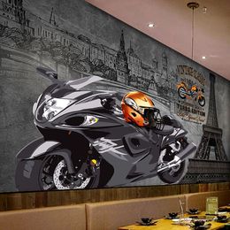 Custom Mural Wallpaper 3D Motorcycle Cement Wall Retro Fresco Restaurant Cafe KTV Bar Background Wall Papers Papel De Parede 3 D