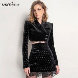 Women's Velvet Skirt Two-piece Slim Sexy Lapel Long Sleeve Lace Short Jacket & Club Party Shiny Set 210524