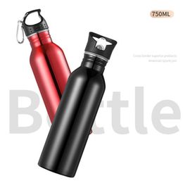 750ml Sports Outdoor Straw Water Bottle 304 Stainless steel Portable Handle Lid Water Bottle With Mountaineering Buckle Kettle 210914