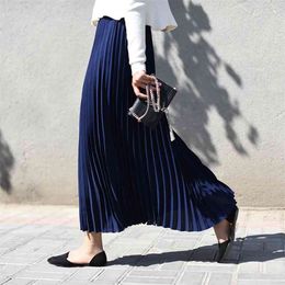 90cm Women Maxi Pleated Skirt A Line Midi s High Waist Spring Femme Casual Party Long Vintage korean 210629