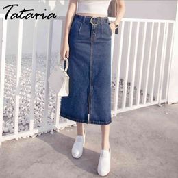 Tataria Long Denim Skirt for Women Vintage High Waist Jeans Pencil Black Slim s Ladies Office s 210514